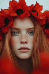 Naklejka premium Young woman with red hair and freckles wearing a floral crown posed amidst vibrant red flowers in a spring setting