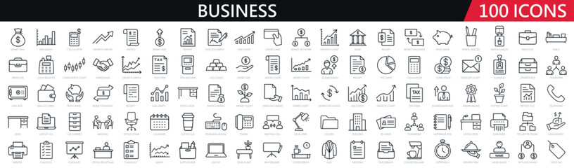 100 business line icons set. Finance, management, office, teamwork, growth, investment - stock vector © Mr. Stocker