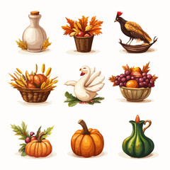 Fall Harvest Still Life with Pumpkins, Fruits, and Thanksgiving Elements