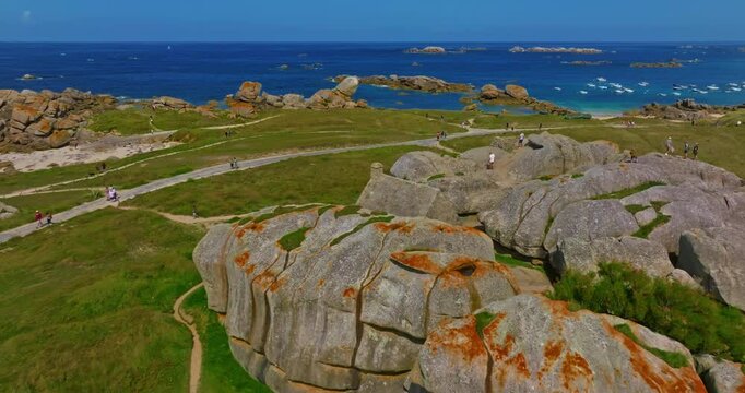 Aerial view of an ancient stone house in the rocks. A mountain village located in the commune of Kerlouan, the Meneham site is located in the heart of the Pagan region, Brittany