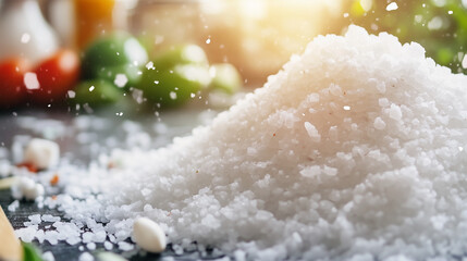 Glistening White Salt Crystal Pile with Abstract Health Icons, Soft-Focus Modern Kitchen Background, Minimalist Composition Featuring Wellness Symbols and Natural Seasoning Theme