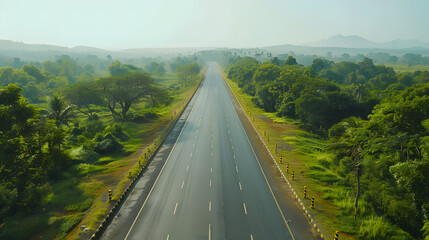 Aerial view of an empty highway in the state of Karnataka, stretching into the horizon with a smooth and well-maintained surface.