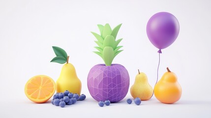 Colorful fruit still life with balloon; celebration; white background; website banner