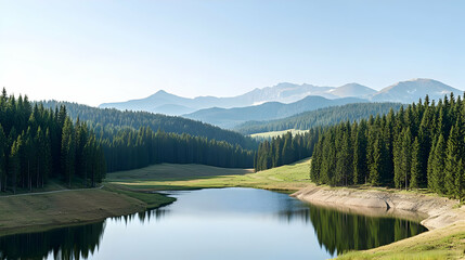 Fototapeta premium Serene Lake Reflecting Forest And Majestic Mountains Under Clear Blue Sky