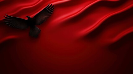 Dramatic Rendition Dark Bird Silhouette Flight Against Rich Crimson Fabric Symbolic Representation