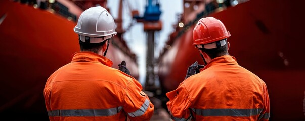 Obraz premium Dockyard Workers Inspecting Massive Cargo Ships in Dry Dock Shipyard Industry Area Operations