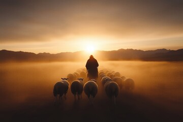 Shepherd guiding sheep at sunrise over misty mountains in a tranquil landscape