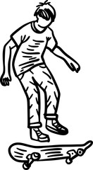 Hand-Drawn Black and White Young Skater Performing a Kickflip Doodle Illustration