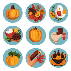 Festive Autumn Icons with Pumpkins, Leaves, Beverages and Food