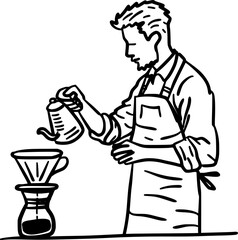 Hand-Drawn Black and White Barista with Dripper and Kettle Doodle Illustration