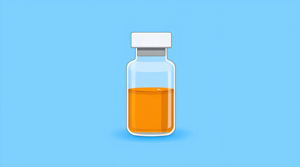 Glass vial with orange liquid on a blue background for science