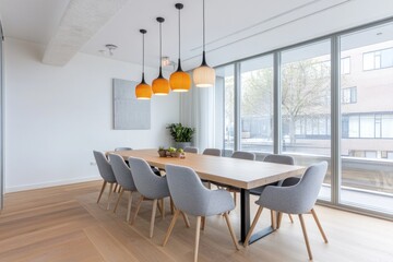 Fototapeta premium Modern, bright, spacious dining area with large windows, wooden table, and gray chairs.