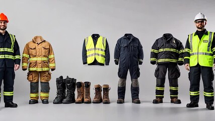 Display of Various Workwear and Safety Gear for Different Occupations in a Studio Setting