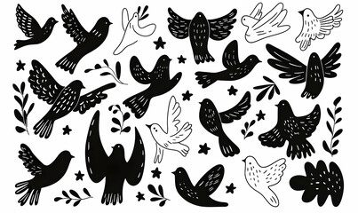 Fototapeta premium Black and White Illustrations of Various Birds in Different Poses