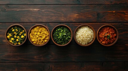 Assorted indian food on dark wooden background. Bowls with different dishes of indian cuisine. Pilaf, butter chicken curry, rice, palak paneer.