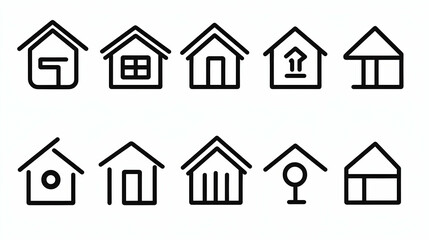 Collection of Simple Line Icons Representing Various House Designs