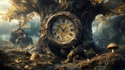 Enchanted forest landscape with an old-fashioned clock embedded in a massive tree, surrounded by mushrooms under warm light, creating a surreal, fairytale-inspired scene.. AI Generation