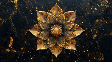 A colorful design with a gold flower on a black background.A gold and black flower with a lot of detail