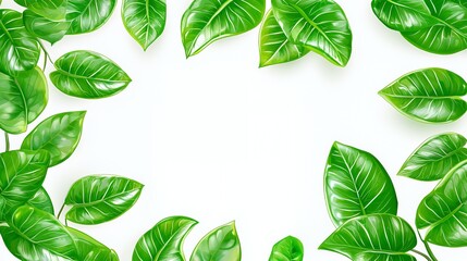Vibrant Green Leaves Frame on White Background