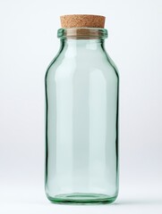 Clear Glass Bottle with Cork Stopper on White Background