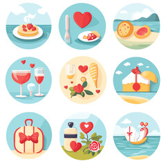 Illustrated Valentines Set with Heart-Themed Elements, Food, Gift Icons