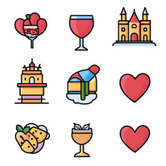 Valentines vector file with castle, love, food, drink, and dessert themes.