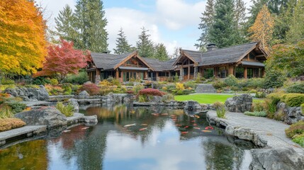 Obraz premium Autumnal Serenity: Luxurious Log Home with Koi Pond