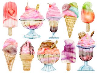 Watercolor Ice Cream Illustration Set, Dessert, Summer, Sweet, Soft Serve, Sundae, Popsicle, Waffle Cone, Chocolate, Fruit Flavor, Hand Painted, Realistic