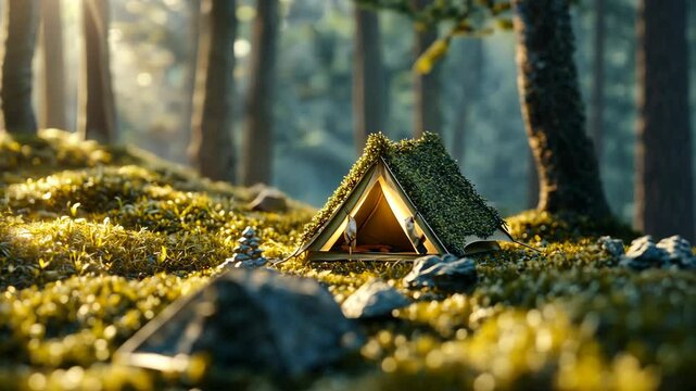 Unique triangular tent nestled in a lush forest clearing during golden hour