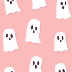Obraz premium repeating seamless cute white blanket ghosts with pastel background, simple, children book illustration style