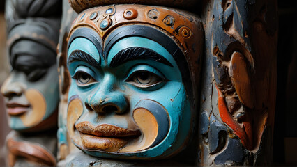 Carved wooden masks with intricate designs and vibrant colors, showcasing cultural artistry and craftsmanship. expressions evoke sense of tradition and heritage