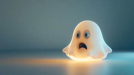 Fototapeta premium A cute, illuminated ghost figure with a surprised expression sits on a flat surface, creating a whimsical and slightly spooky atmosphere.