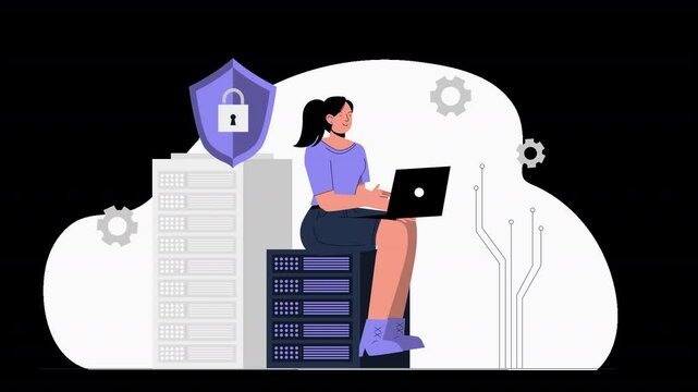 A structured 2D vector animation representing SQL databases, cloud computing, and cybersecurity.