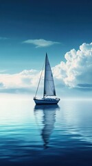 Obraz premium A lone sailboat floats peacefully on a tranquil and serene blue sea