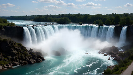 Fototapeta premium Majestic waterfall cascading over rocky cliffs, surrounded by lush greenery and vibrant blue river. scene captures beauty and power of nature, evoking sense of tranquility and awe