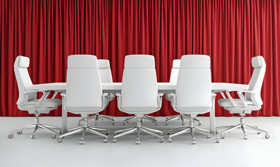 Obraz premium Modern Conference Room with White Chairs and Red Drapes