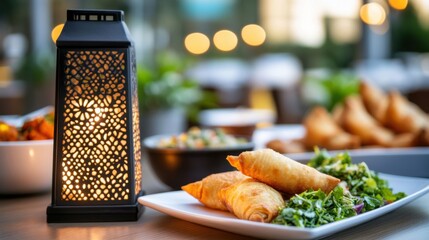 Delicious golden-brown pastries served on a white plate with a side salad, illuminated by a lantern at an outdoor restaurant.