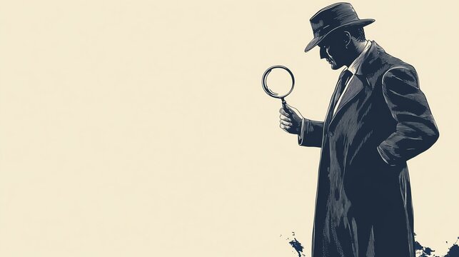 A silhouette of a detective in a trench coat, wearing a hat and holding a magnifying glass, evokes mystery and investigation against a pale background.