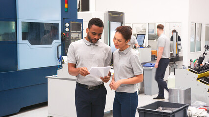 Male And Female Engineers Discussing Plans On Floor Of Engineering Workshop