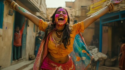 Obraz premium a young indian woman celebrating holi festival in the streets