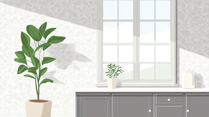 Sunlit kitchen window, plants, cabinets. Interior design, home decor