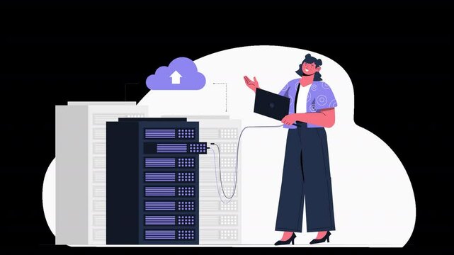 A dynamic flat character animation showcasing IT professionals handling database security and data storage.