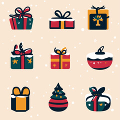 Assorted illustrated gift boxes and a tree on a tan colored backdrop.