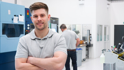 Portrait Of Male Engineer On Factory Floor Of Busy Workshop