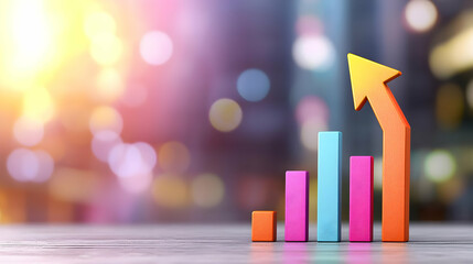 Pixelated Bar Chart With Orange Arrow Representing Growth Against Bokeh City Background