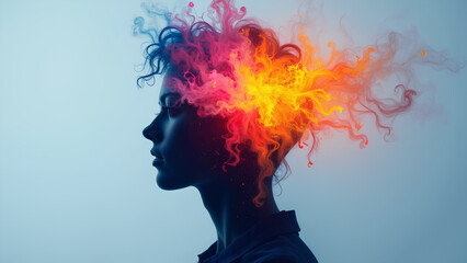 creative silhouette of person with colorful smoke and flames representing thoughts and ideas. vibrant colors evoke sense of imagination and inspiration