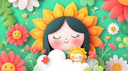 Cheerful Girl with Flowers and Sun in Vibrant Nature Scene