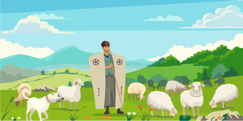 Shepherd grazing his sheep on the plateau, village life, Asian culture.