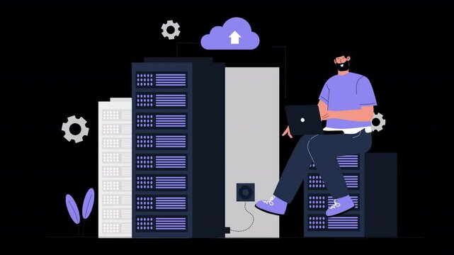 A sleek flat design animation highlighting digital storage, server management, and information security.