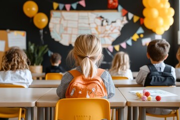 A group of schoolchildren learning about California history with a large California map and state flags decorating the classroom